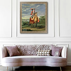 «La Comtesse de Soissons Riding with a View of the Chateau de Vincennes» в интерьере гостиной в классическом стиле над диваном «La Comtesse de Soissons Riding with a View of the Chateau de Vincennes» в интерьере гостиной в классическом стиле над диваном