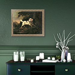 «Study of Clumber Spaniel in Wooded River Landscape» в интерьере прихожей в зеленых тонах над комодом «Study of Clumber Spaniel in Wooded River Landscape» в интерьере прихожей в зеленых тонах над комодом