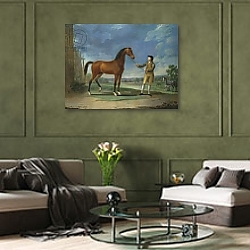 «An Arab stallion held by a groom» в интерьере гостиной в бордовых тонах «An Arab stallion held by a groom» в интерьере гостиной в бордовых тонах