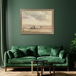 «On Lancaster Sands, Low Tide, c.1840-47» в интерьере зеленой гостиной над диваном «On Lancaster Sands, Low Tide, c.1840-47» в интерьере зеленой гостиной над диваном