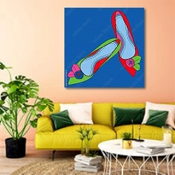 «Высокие каблуки, вид сверху» в интерьере гостиной в стиле поп-арт с желтым диваном