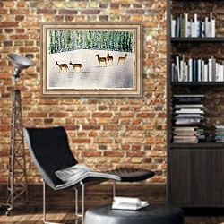 «Deer in Snow» в интерьере кабинета в стиле лофт с кирпичными стенами