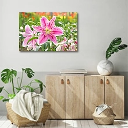 «Цветущая розовая лилия в саду» в интерьере современной комнаты над комодом
