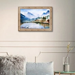 «Зимний акварельный пейзаж с озером в горах» в интерьере в классическом стиле в светлых тонах