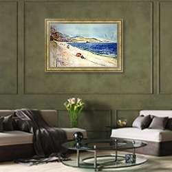 «On the Beach below the Promenade des Anglais, Nice, France» в интерьере гостиной в оливковых тонах