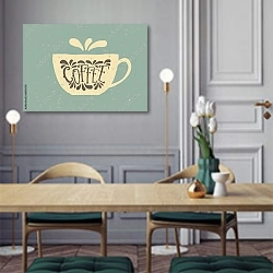 «Ретро-плакат с чашкой кофе» в интерьере классической кухни у двери