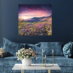 «Карпаты. Magic pink rhododendron flowers in the mountains» в интерьере современной гостиной в синем цвете