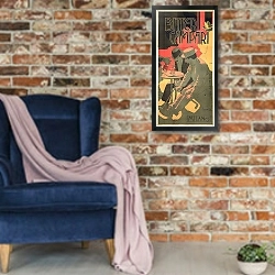 «Горький Кампари» в интерьере в стиле лофт с кирпичной стеной и синим креслом