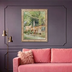 «Ziegelbrücke mit einer Steinfigur Mödling» в интерьере гостиной с розовым диваном