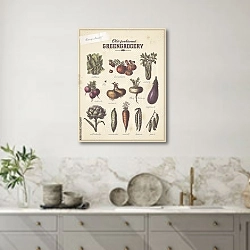 «Ретро плакат огородника с разными овощами» в интерьере кухни в серых тонах
