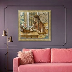 «Девушка за письменным столом» в интерьере гостиной с розовым диваном