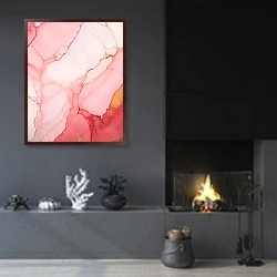 «Abstract pink and gray ink art 2» в интерьере гостиной в стиле минимализм с камином