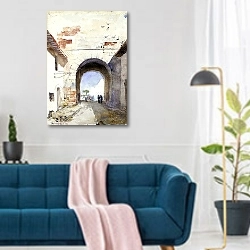 «Porta San Paulo, Rome» в интерьере современной гостиной над синим диваном