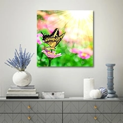 «Жёлто-чёрная бабочка на розовом цветке в лучах солнца» в интерьере современной гостиной с голубыми деталями