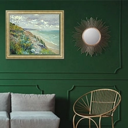 «Cliffs by the sea at Trouville» в интерьере классической гостиной с зеленой стеной над диваном