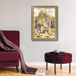 «Game Keeper And Boy Ferreting A Rabbit» в интерьере гостиной в бордовых тонах