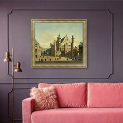 «The courtyard of the Binnenhof with the Ridderzaal, The Hague» в интерьере гостиной с розовым диваном