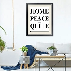 «Home Peace Quite» в интерьере гостиной в скандинавском стиле над диваном