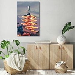 «Японская красная пагода в храме Асакуса в сумерках» в интерьере современной комнаты над комодом