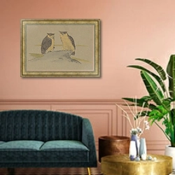 «Поздравительная открытка с двумя совами» в интерьере классической гостиной над диваном