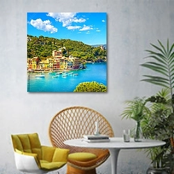 «Деревня Портофино, вид с воздуха. Лигурия, Италия» в интерьере современной гостиной с желтым креслом