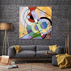 «Абстрактная иллюстрация с кругами» в интерьере в стиле лофт над диваном