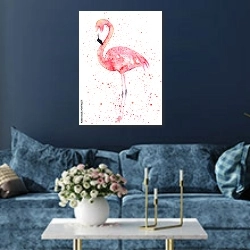 «Акварельный фламинго в брызгах краски» в интерьере современной гостиной в синем цвете