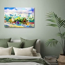 «Красочная панорама города на холме» в интерьере современной спальни в зеленых тонах
