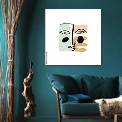 «Линии лица 2» в интерьере зеленой гостиной в этническом стиле над диваном