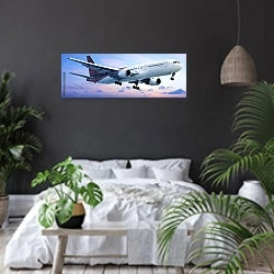 «Самолет в рассветном небе» в интерьере современной спальни с черными стенами