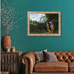 «Тобиас и архангел Рафаэль» в интерьере гостиной с зеленой стеной над диваном