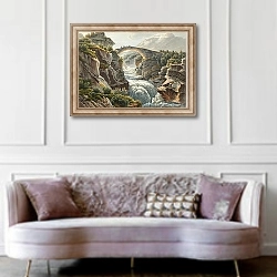 «Pont sur l’Aar au passage du Grimsel» в интерьере гостиной в классическом стиле над диваном