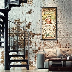 «Allen Ginter, Richmond, Virginia, fans of the period» в интерьере двухярусной гостиной в стиле лофт с кирпичной стеной