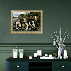 «Охота на выдру» в интерьере прихожей в зеленых тонах над комодом