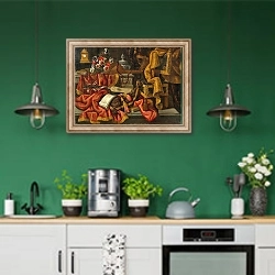 «A clock, a vase of flowers, a lute, a guitar, a sheet of music, a chair, and drapes» в интерьере кухни с зелеными стенами