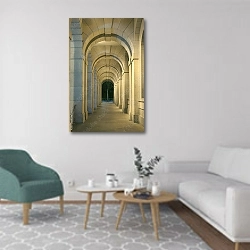 «Классический коридор исторической архитектуры» в интерьере гостиной в скандинавском стиле с зеленым креслом