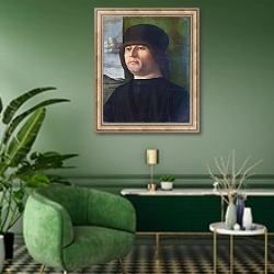 «Мужчина в черном» в интерьере гостиной в зеленых тонах