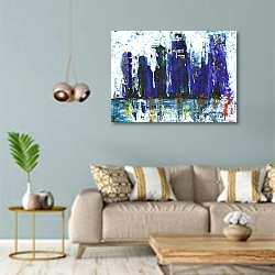 «Современный город в дождливый день» в интерьере современной гостиной с голубыми стенами