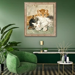«Sleepy Kittens» в интерьере гостиной в зеленых тонах