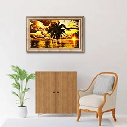«Пальма на фоне заката над тропическим морем» в интерьере в классическом стиле над комодом