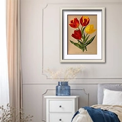 «Одиночные ранние тюльпаны 4» в интерьере спальни в стиле прованс с синими деталями