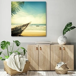 «Пляж с лодкой и пальмой» в интерьере современной комнаты над комодом