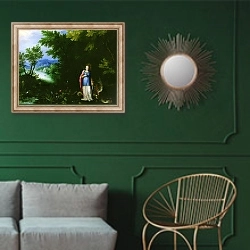 «Святая Маргарита и дракон» в интерьере классической гостиной с зеленой стеной над диваном