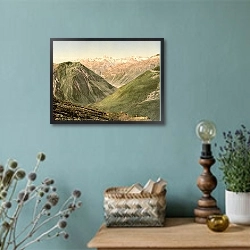 «Швейцария. Вид с перевала Фурка» в интерьере в стиле ретро с бирюзовыми стенами