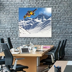 «Сноубордист в прыжке» в интерьере современного офиса с черной кирпичной стеной