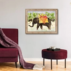 «Elephants with Bananas, 1998» в интерьере гостиной в бордовых тонах