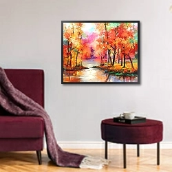 «Осины с желто-красной листвой и рекой» в интерьере гостиной в бордовых тонах