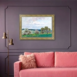 «Blossoming Trees In Deutschlandsberg» в интерьере гостиной с розовым диваном