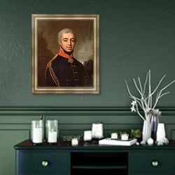 «Портрет Михаила Михайловича Трахимовского» в интерьере прихожей в зеленых тонах над комодом
