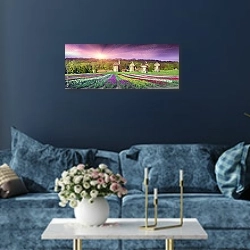 «Ветряные мельницы на полях тюльпанов» в интерьере стильной синей гостиной над диваном